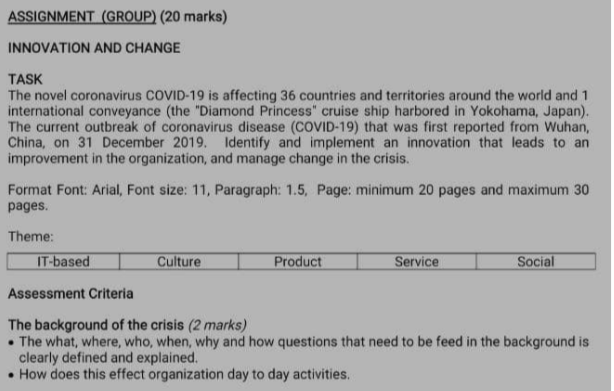 ASSIGNMENT (GROUP) (20 marks) INNOVATION AND