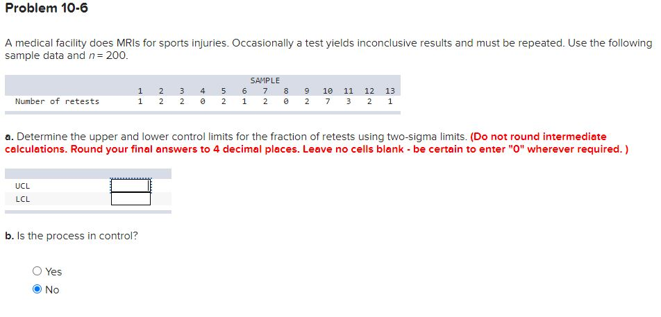 Problem 10-6 A medical facility does MRIs for