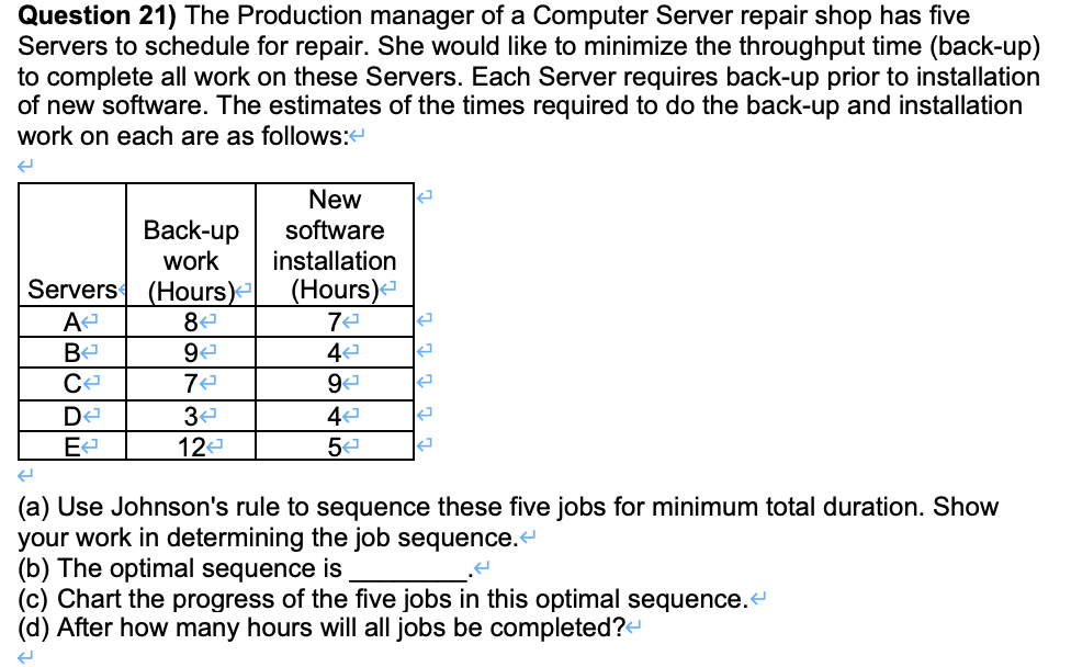 Question 21) The Production manager of a Computer