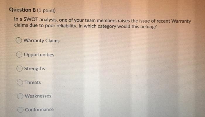 Question 8 (1 point) In a SWOT analysis, one of