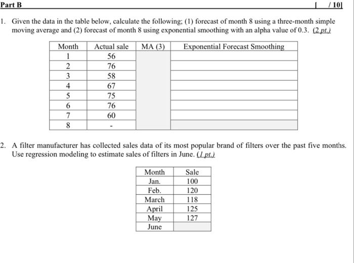Part B L /101 1. Given the data in the table