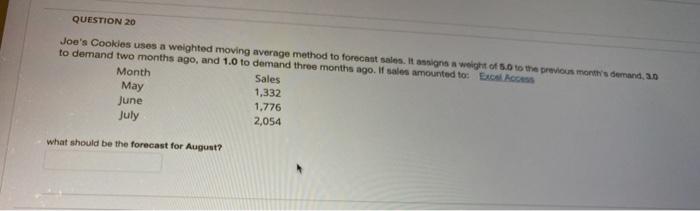 QUESTION 20 Joe's Cookies uses a weighted moving