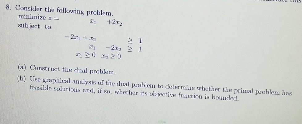 8. Consider the following problem. minimize 2 =