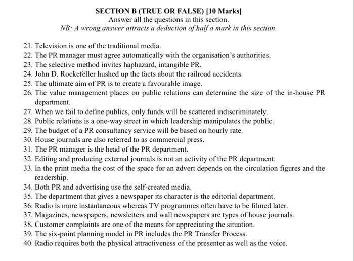 SECTION B (TRUE OR FALSE) [10 Marks) Answer all