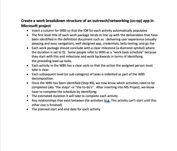 Create a work breakdown structure of an