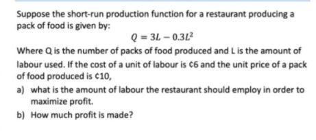 Suppose the short-run production function for a
