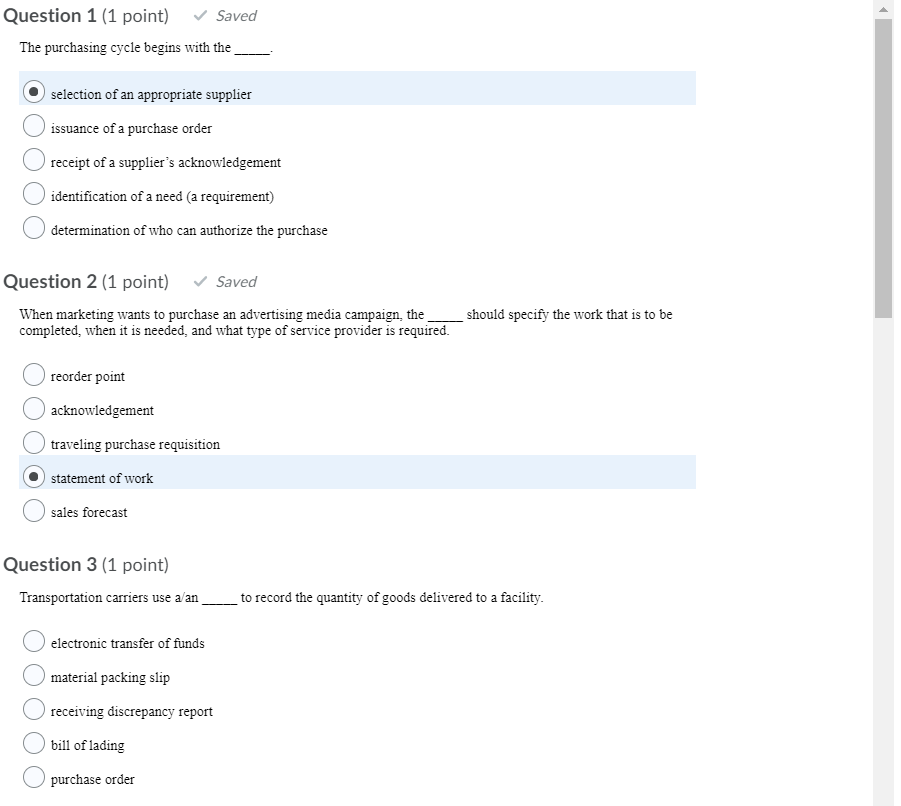 Question 1 (1 point) Saved The purchasing cycle