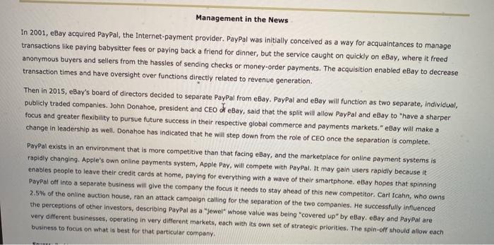 Management in the News In 2001, eBay acquired