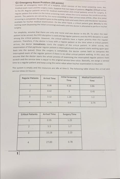 Q1-Emergency Room Problem (50 points) Consider an