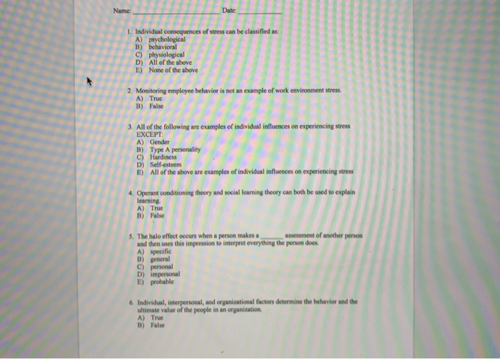 Name: Date: 1. Individual consequences of stress