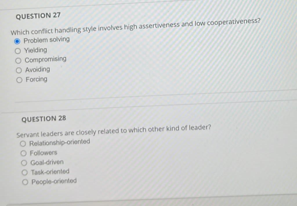 QUESTION 27 Which conflict handling style