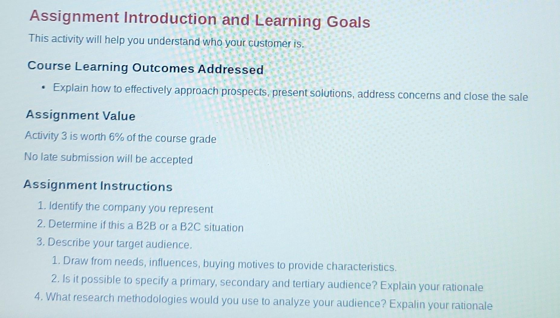 Assignment Introduction and Learning Goals This