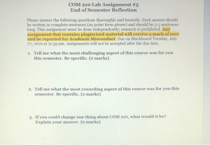 COM 210 Lab Assignment #5 End of Semester