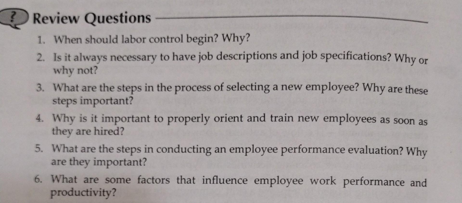 Do questions 1-6 1. When should labor control