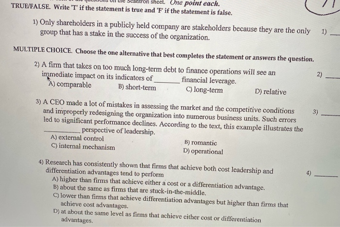 sheet. One point each. TRUE/FALSE. Write T' if