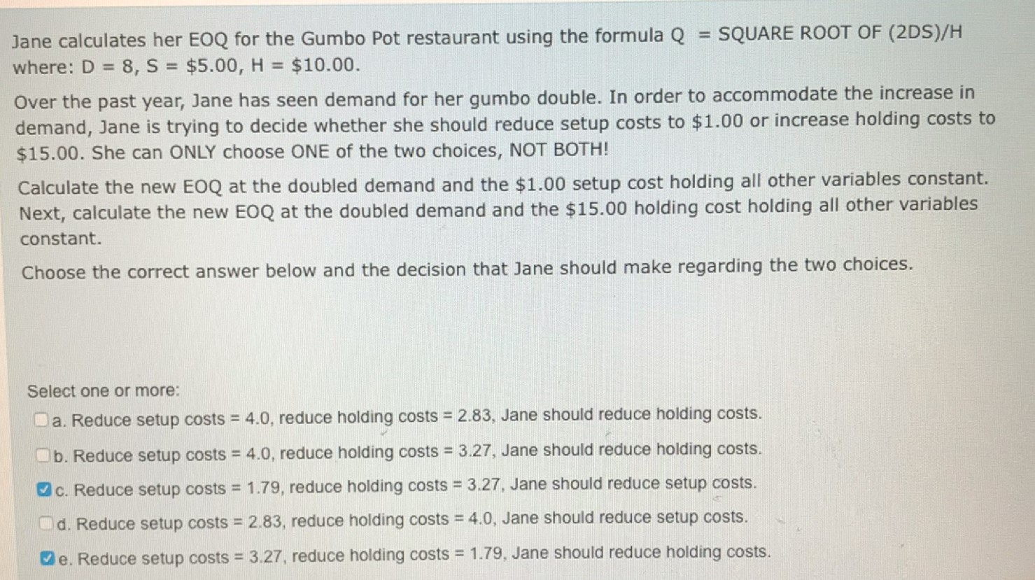 Jane calculates her EOQ for the Gumbo Pot