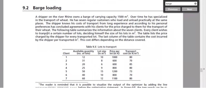 solve using lingo Next barge 9.2 Barge loading