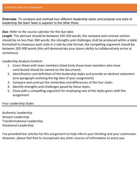 LEADERSHIP ANALYSIS ASSIGNMENT Overview: To