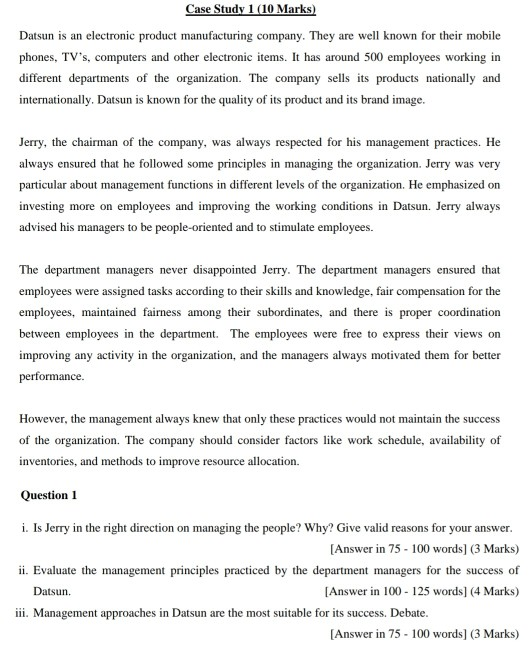 For lndustrial management Case Study 1 (10 Marks)