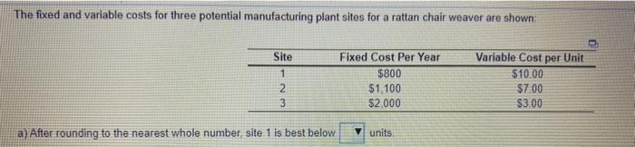 The fixed and variable costs for three potential