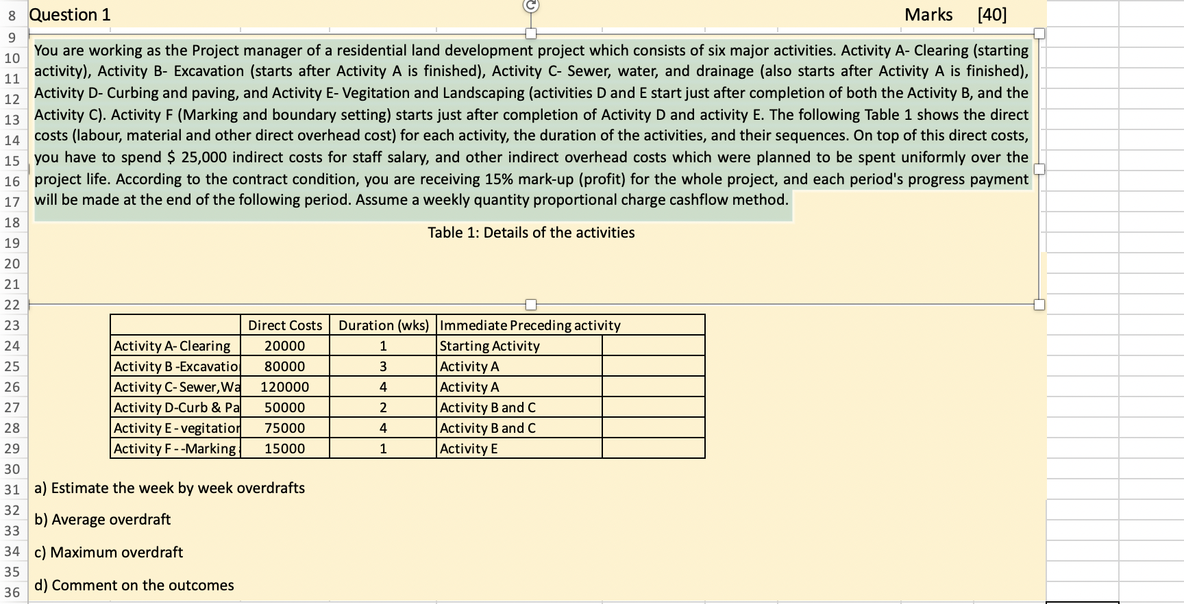9 11 8 Question 1 Marks [40] You are working as
