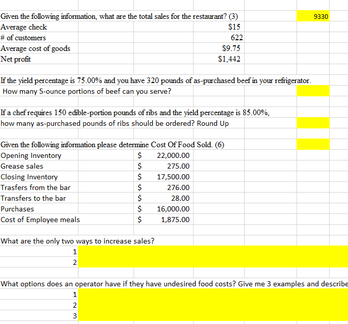 9330 Given the following information, what are
