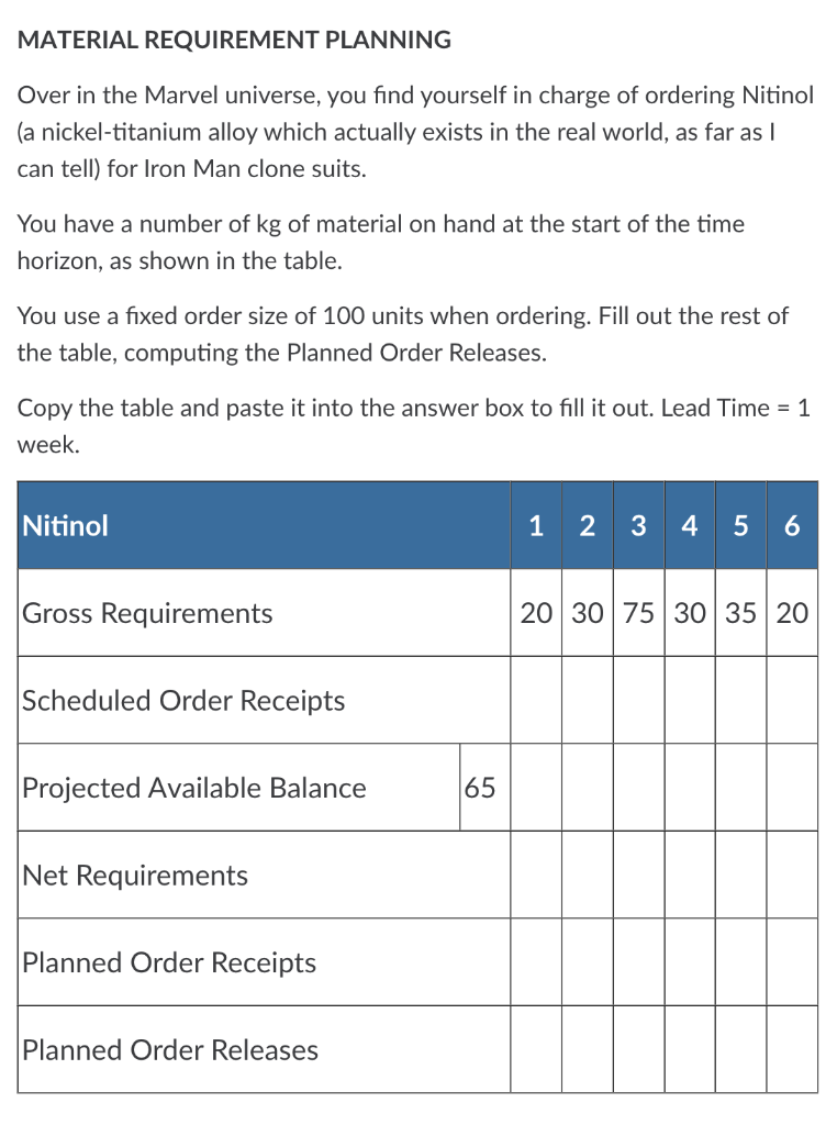 MATERIAL REQUIREMENT PLANNING Over in the Marvel