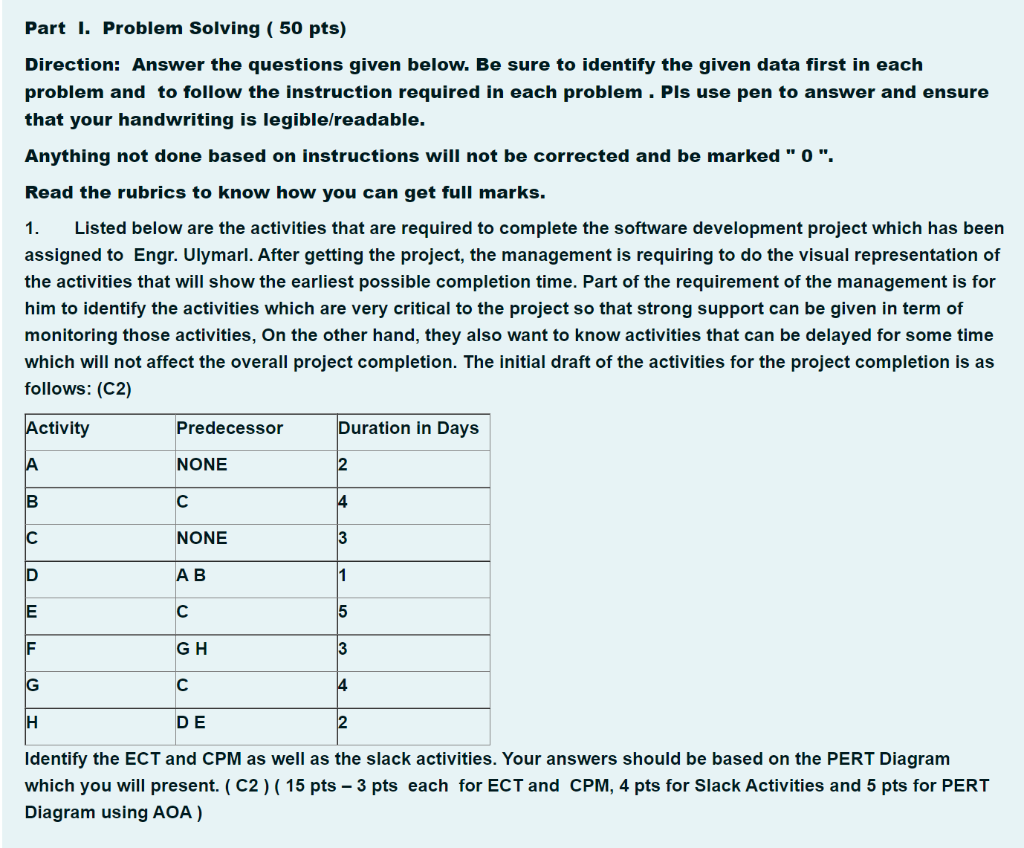 Part 1. Problem Solving (50 pts) Direction: