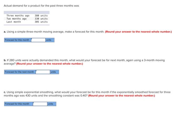 Actual demand for a product for the past three