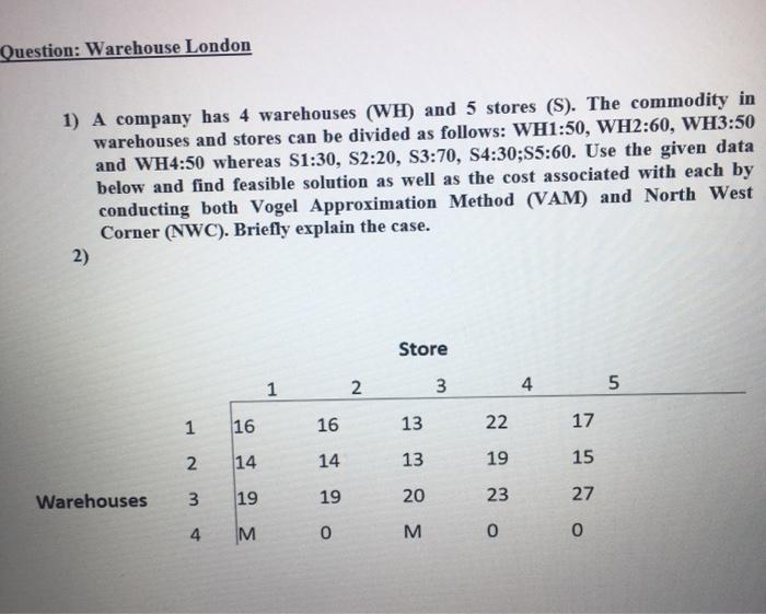 Question: Warehouse London 1) A company has 4