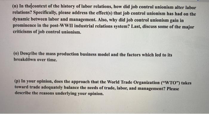 (n) In the context of the history of labor