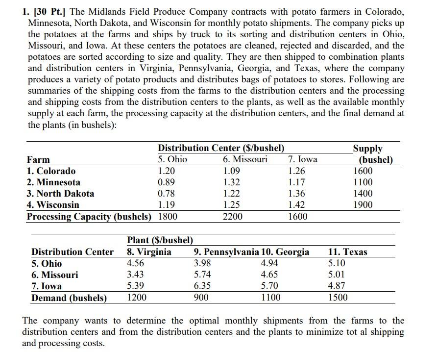 1. [30 Pt.] The Midlands Field Produce Company