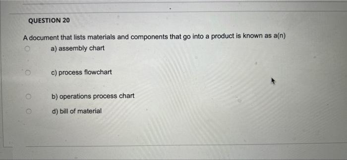 QUESTION 20 A document that lists materials and