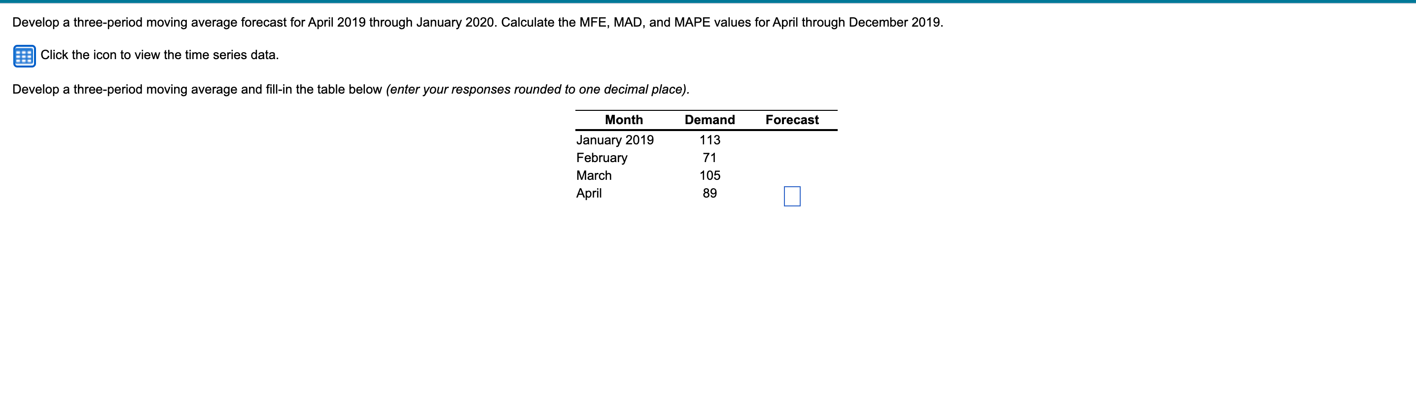 Develop a three-period moving average forecast