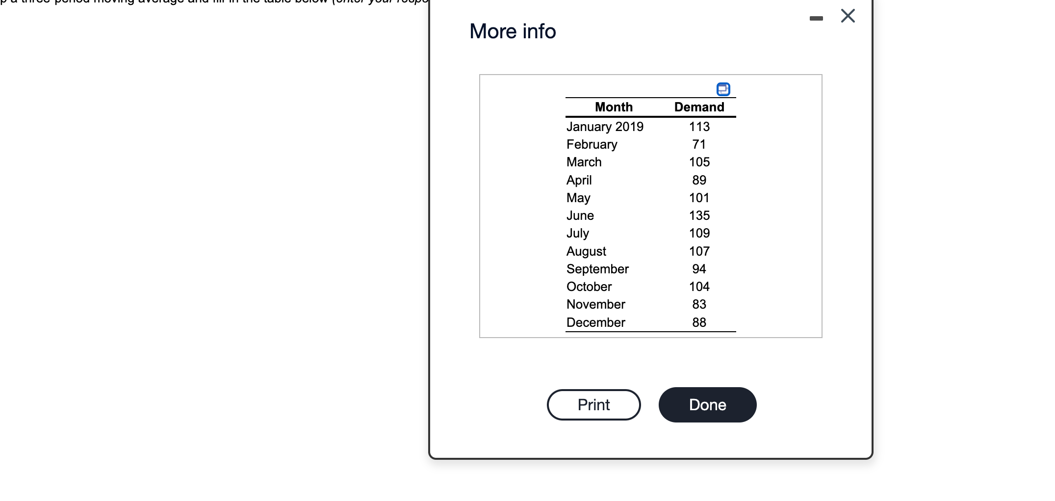 Develop a three-period moving average forecast