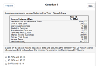 Question 4 < Previous Assume a company's Income