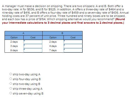 A manager must make a decision on shipping. There