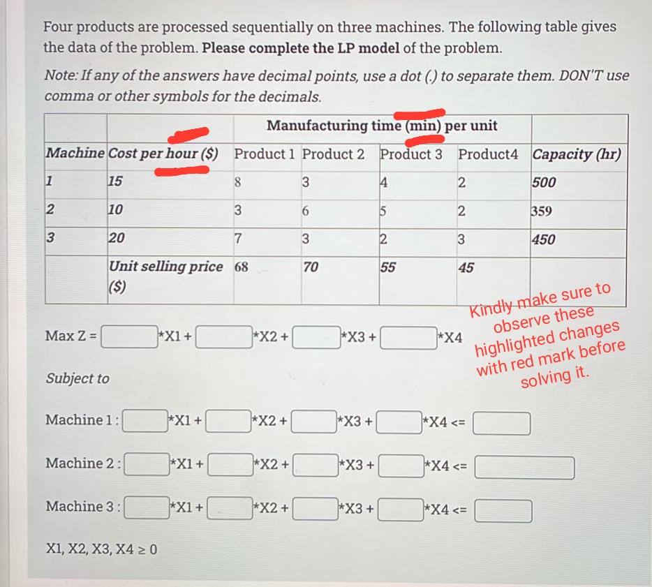 Four products are processed sequentially on three