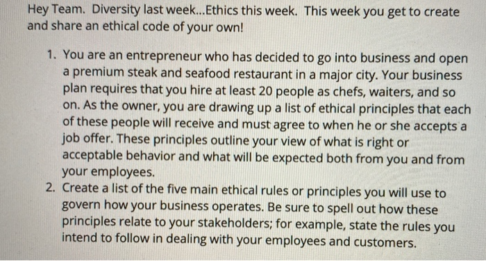 Hey Team. Diversity last week...Ethics this week.