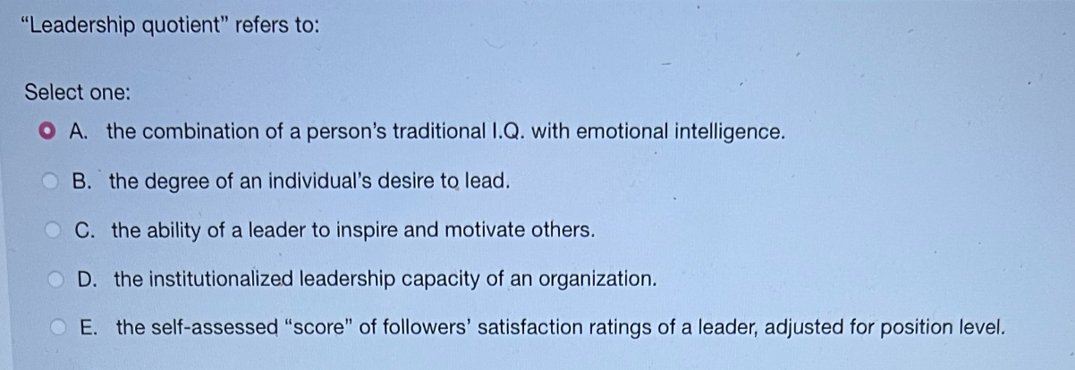 "Leadership quotient" refers to: Select one: A.