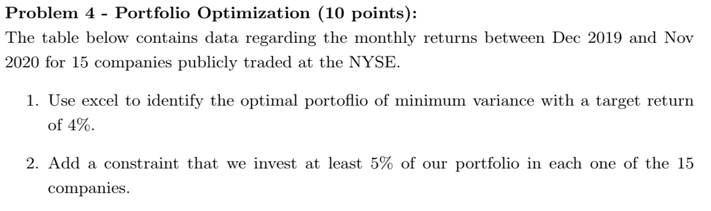Problem 4 - Portfolio Optimization ( 10 points):