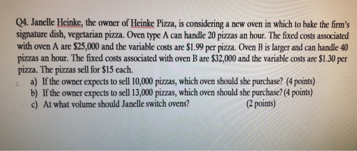 Q4. Janelle Heinke, the owner of Heinke Pizza, is