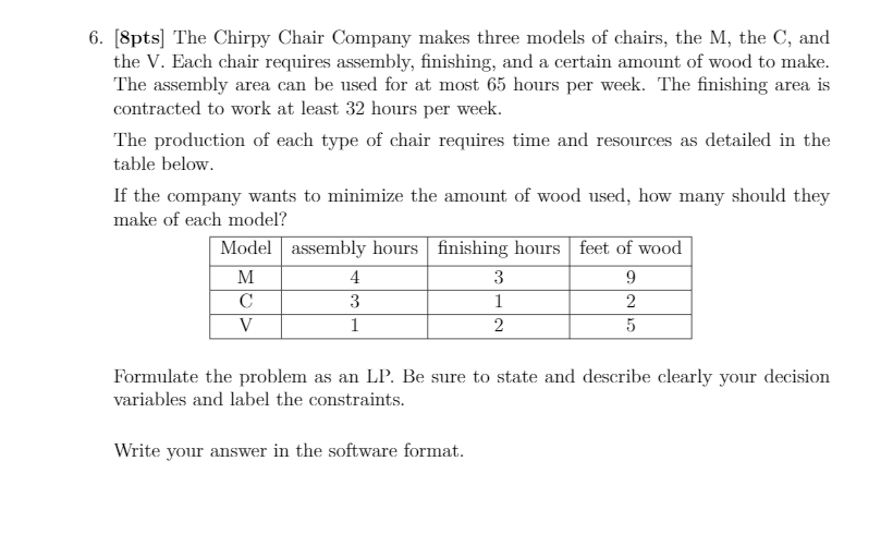 6. [8pts) The Chirpy Chair Company makes three