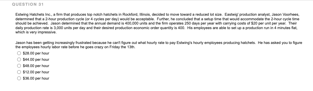 QUESTION 31 Estwing Hatchets Inc., a firm that