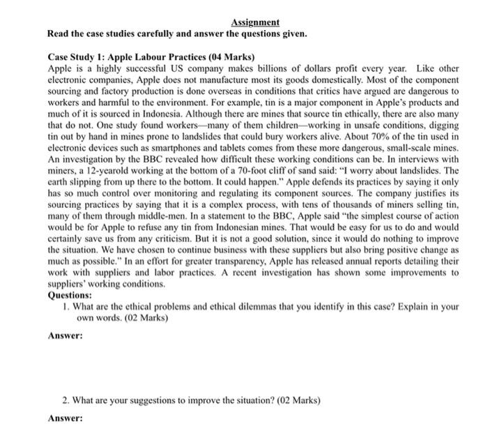 Assignment Read the case studies carefully and
