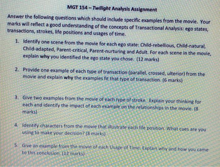 MGT 154 - Twilight Analysis Assignment Answer the