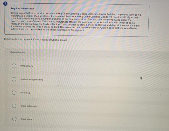 Required information (Camping profits) Eva is the