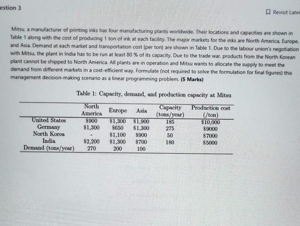 estion 3 Revisit Later Mitsu, a manufacturer of