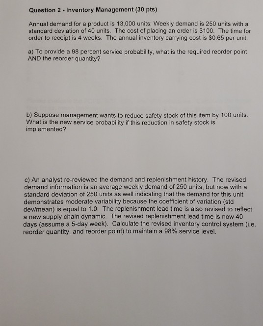 Question 2 - Inventory Management (30 pts) Annual