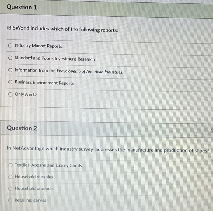 Question 1 IBISWorld includes which of the